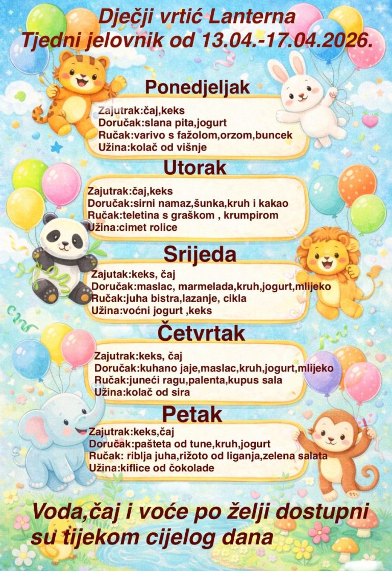 Tjedni jelovnik 13.04. - 17.04. 2026