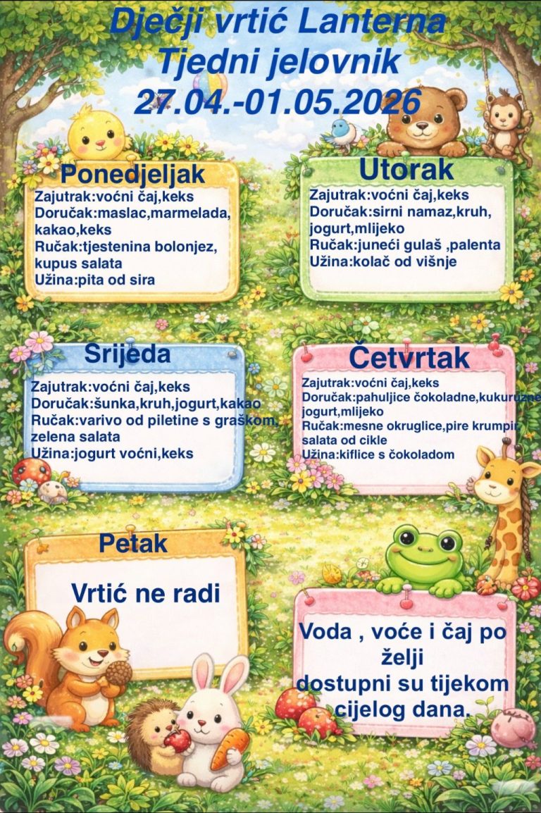 Tjedni jelovnik 27.04. – 30.04. 2026.